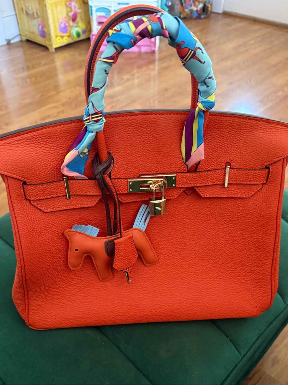 Women's Orange Top-Handle Tote Bag with Gold Hardware